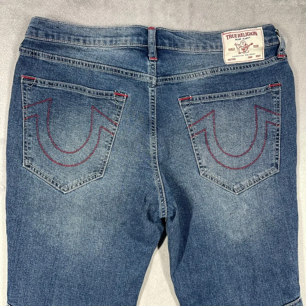 True Religion Rocco Moto Jeans Mens 32(34) Blue Relaxed Skinny Ribbed‎ Knee